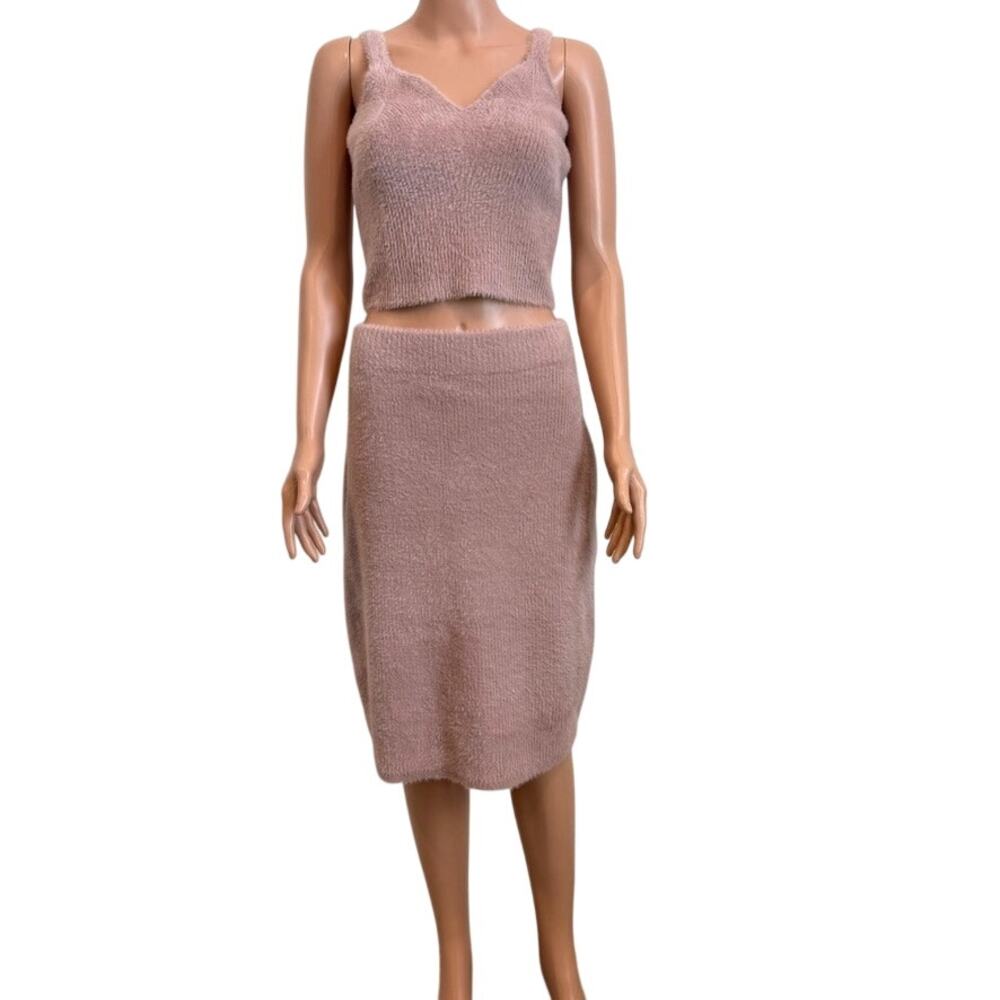 Express large ribbed knit soft sweater crop tank skirt set outfit TS 3515